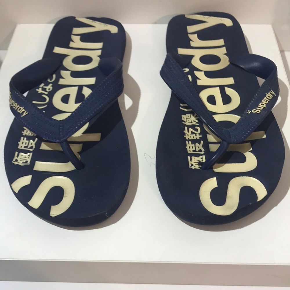 Superdry Mens Blue Flip Flops with Whote Lettering Design size 7-8